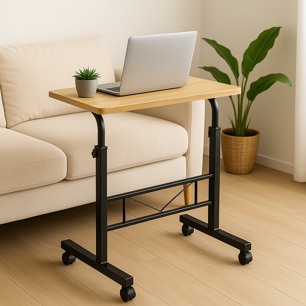 Adjustable Portable Rustic Oak Sofa Bed Side Table Laptop Desk with Wheels