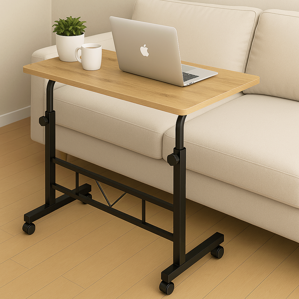Adjustable Portable Rustic Oak Sofa Bed Side Table Laptop Desk with Wheels