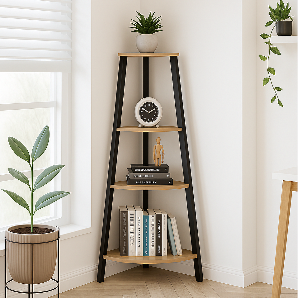 4-Tier Corner Ladder Shelf Unit Rustic Oak Wood & Steel Display Stand Storage Rack