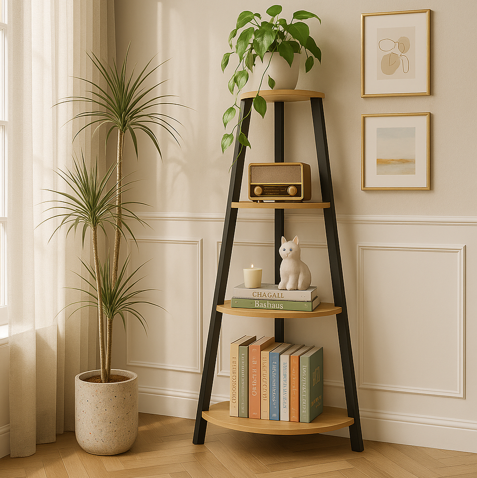 4-Tier Corner Ladder Shelf Unit Rustic Oak Wood & Steel Display Stand Storage Rack