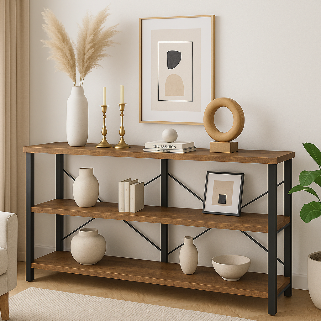 Serenity Rustic Industrial Console Table Bookcase TV Stand Storage Shelf Unit