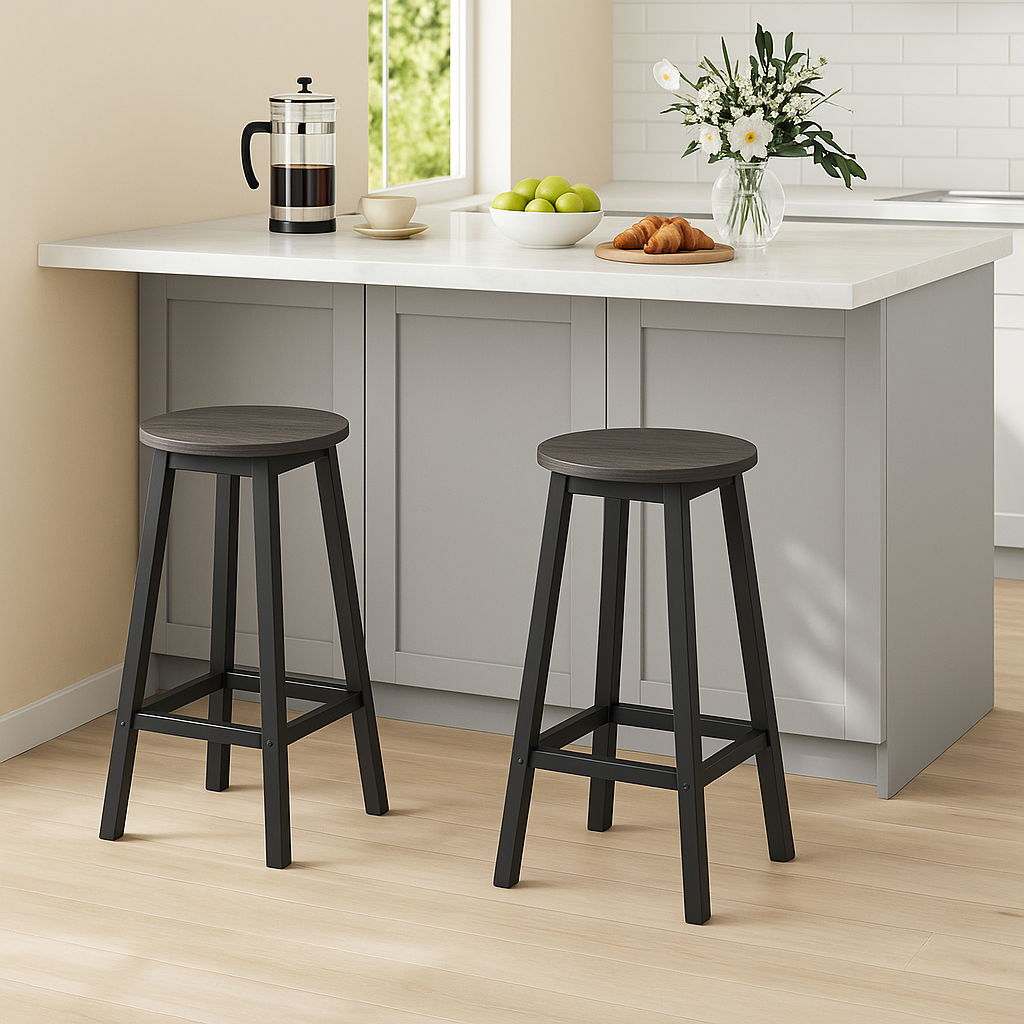 2 x Modern Industrial Bar Stool Wood & Metal Kitchen Counter Seating (Driftwood Grey)