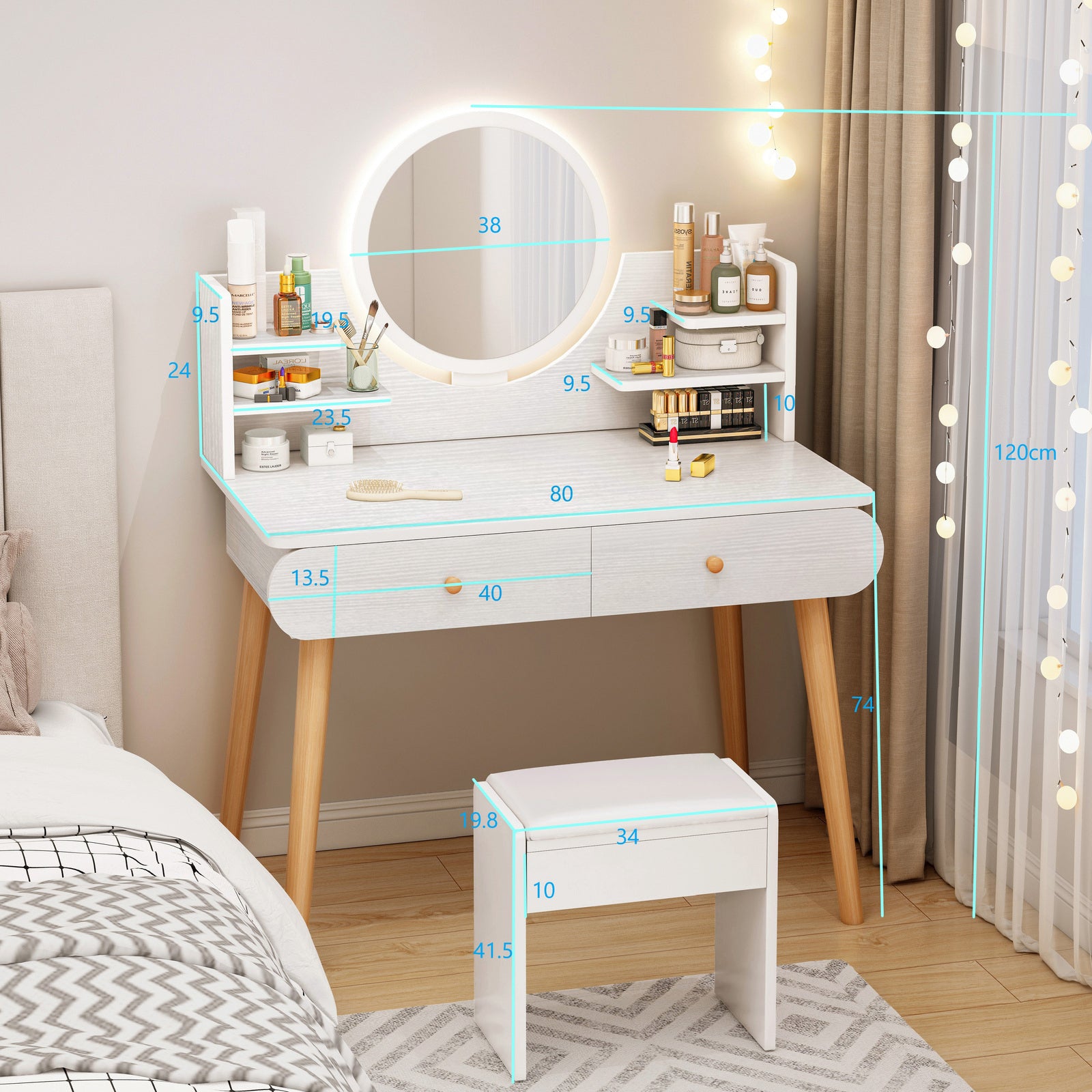 LED Luminous Beauty Dresser Vanity Table with Mirror, Stool and Storage Drawers Set