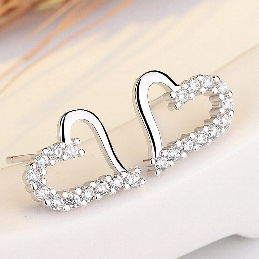 S925 Heart-Shaped Sterling Silver Earrings with CZ Diamonds