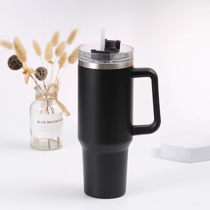 40oz Stainless Steel Insulated Tumbler with Handle Straw Travel Mug (Black)