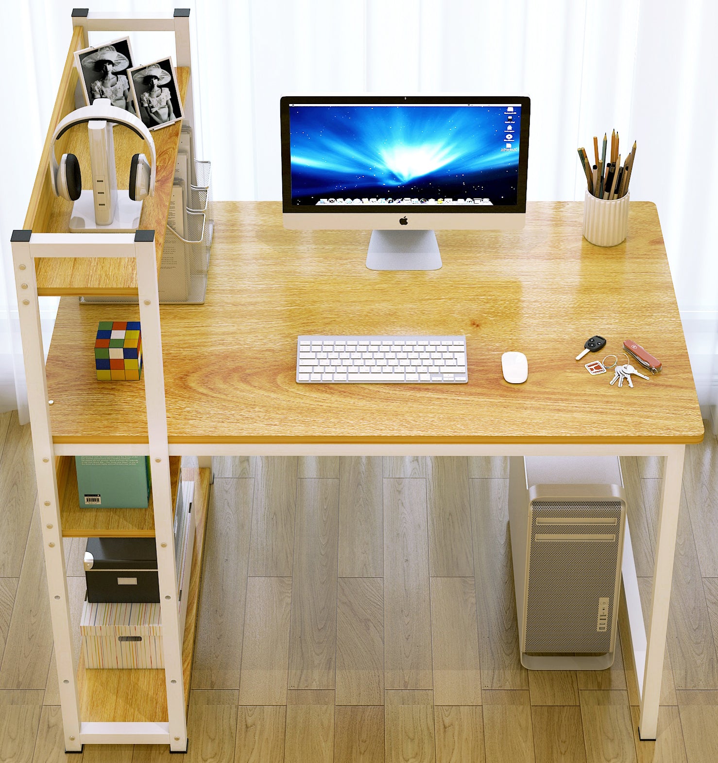 Edge Plus Combination Workstation Computer Desk with Storage Shelves (Oak)