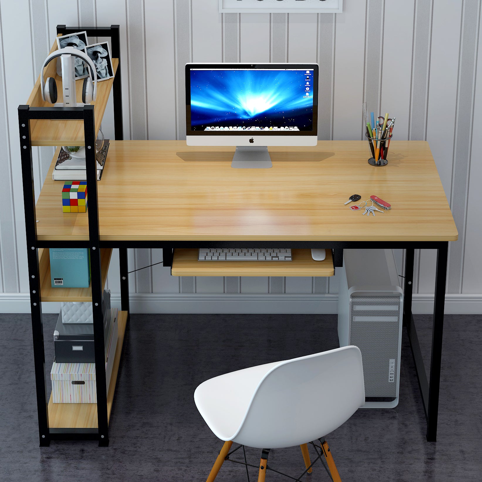 Genius Large Workstation Wood & Steel Computer Desk with Storage Shelves (Oak)