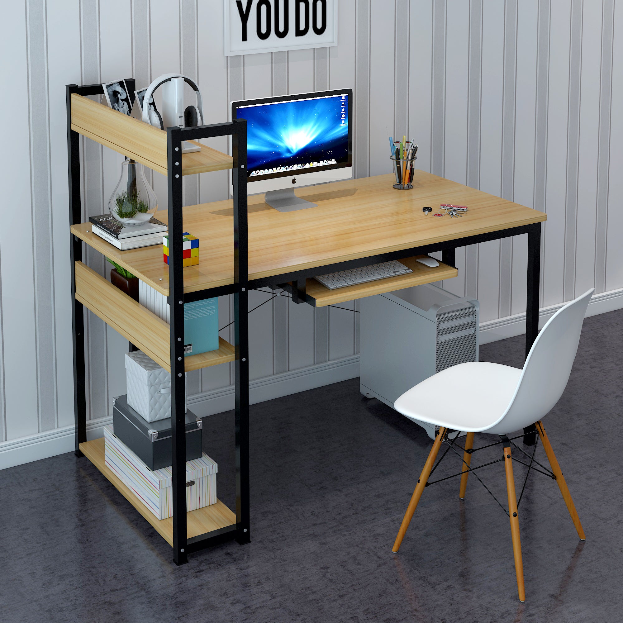 Genius Large Workstation Wood & Steel Computer Desk with Storage Shelves (Oak)