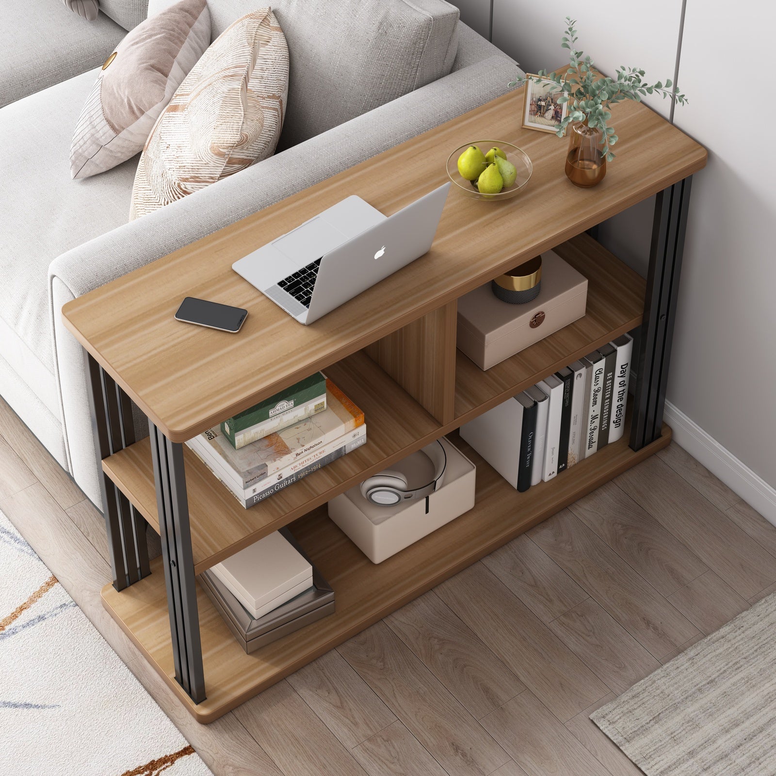 Icon Wood and Steel Sofa Side Table with Shelves (Oak)