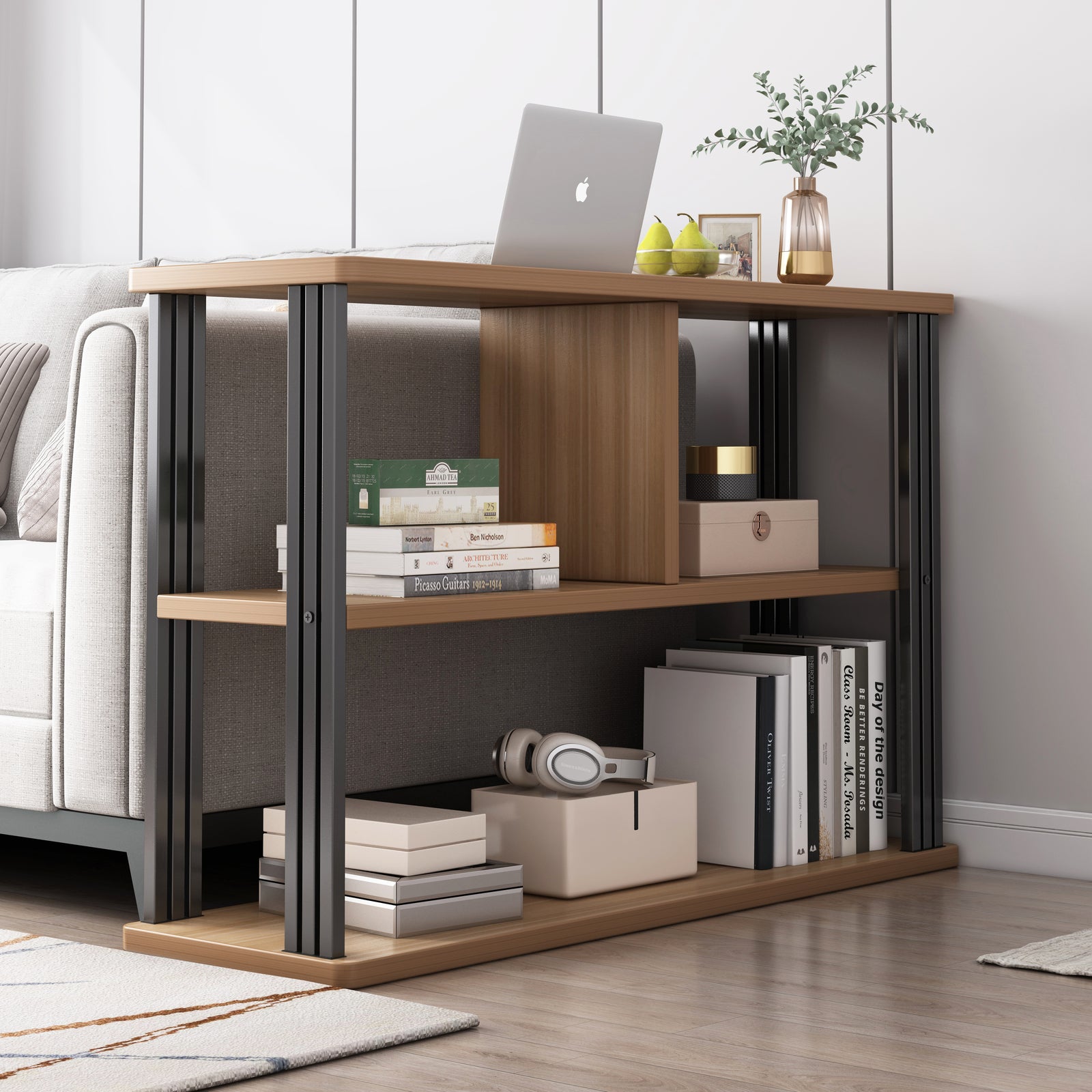 Icon Wood and Steel Sofa Side Table with Shelves (Oak)