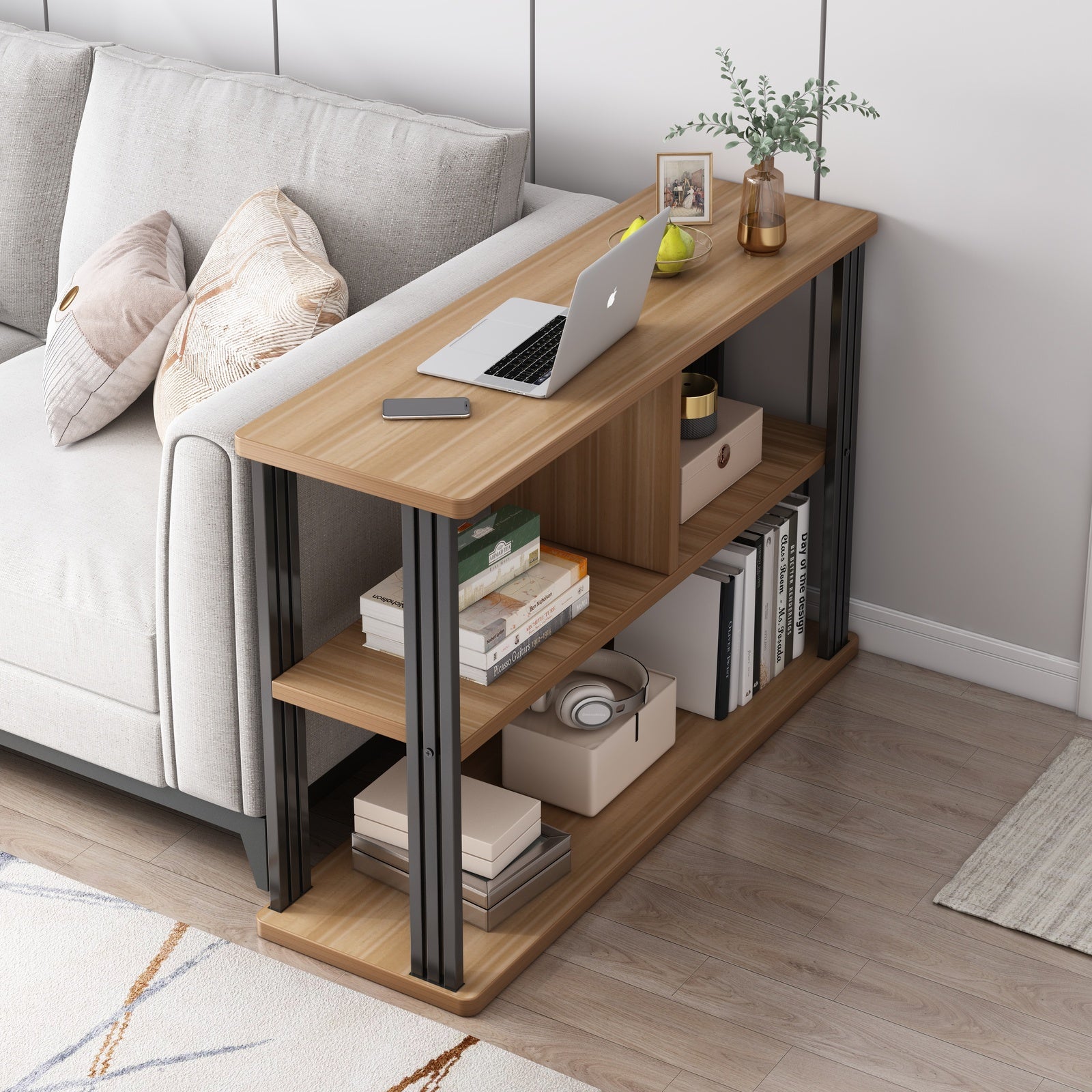 Icon Wood and Steel Sofa Side Table with Shelves (Oak)