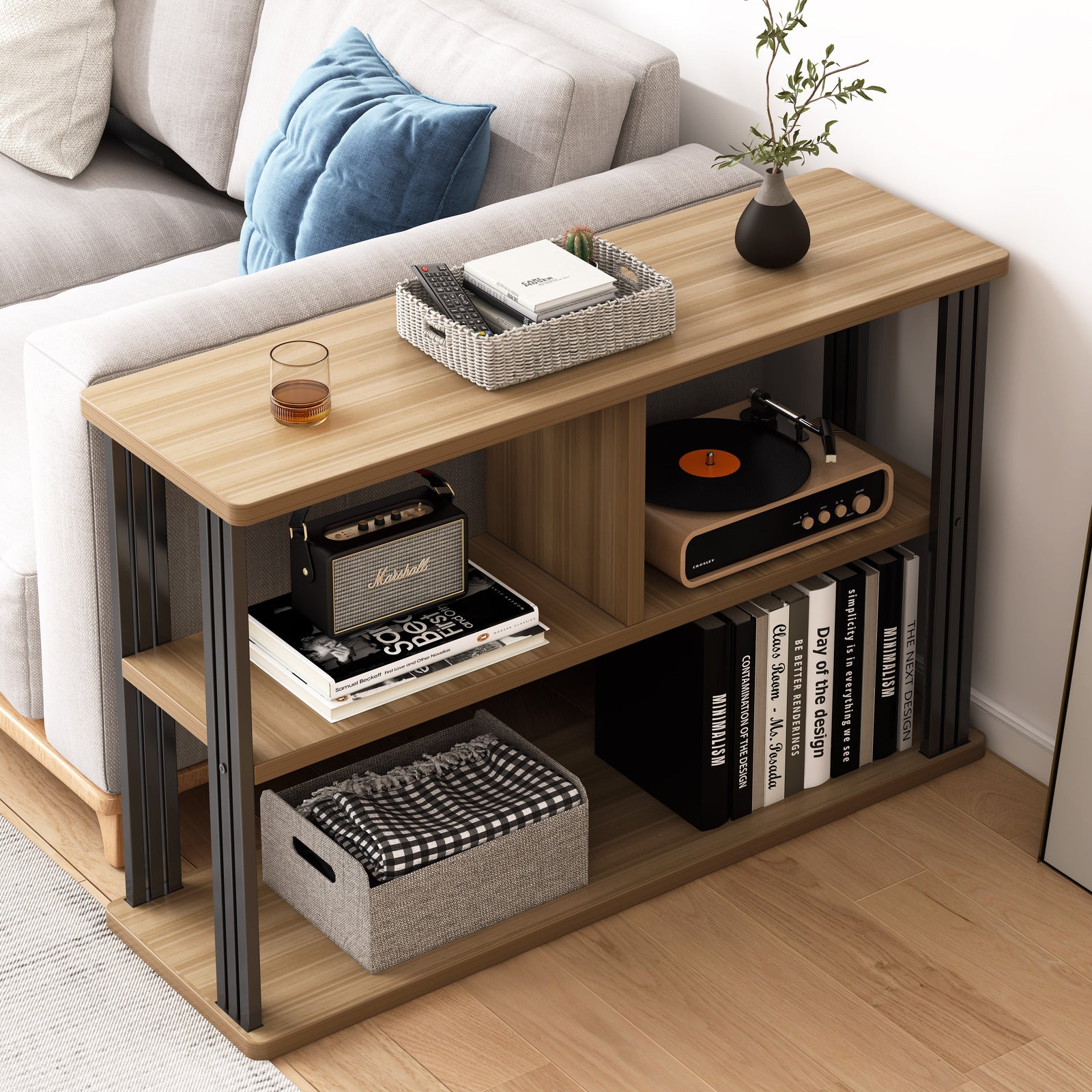 Icon Wood and Steel Sofa Side Table with Shelves (Oak)