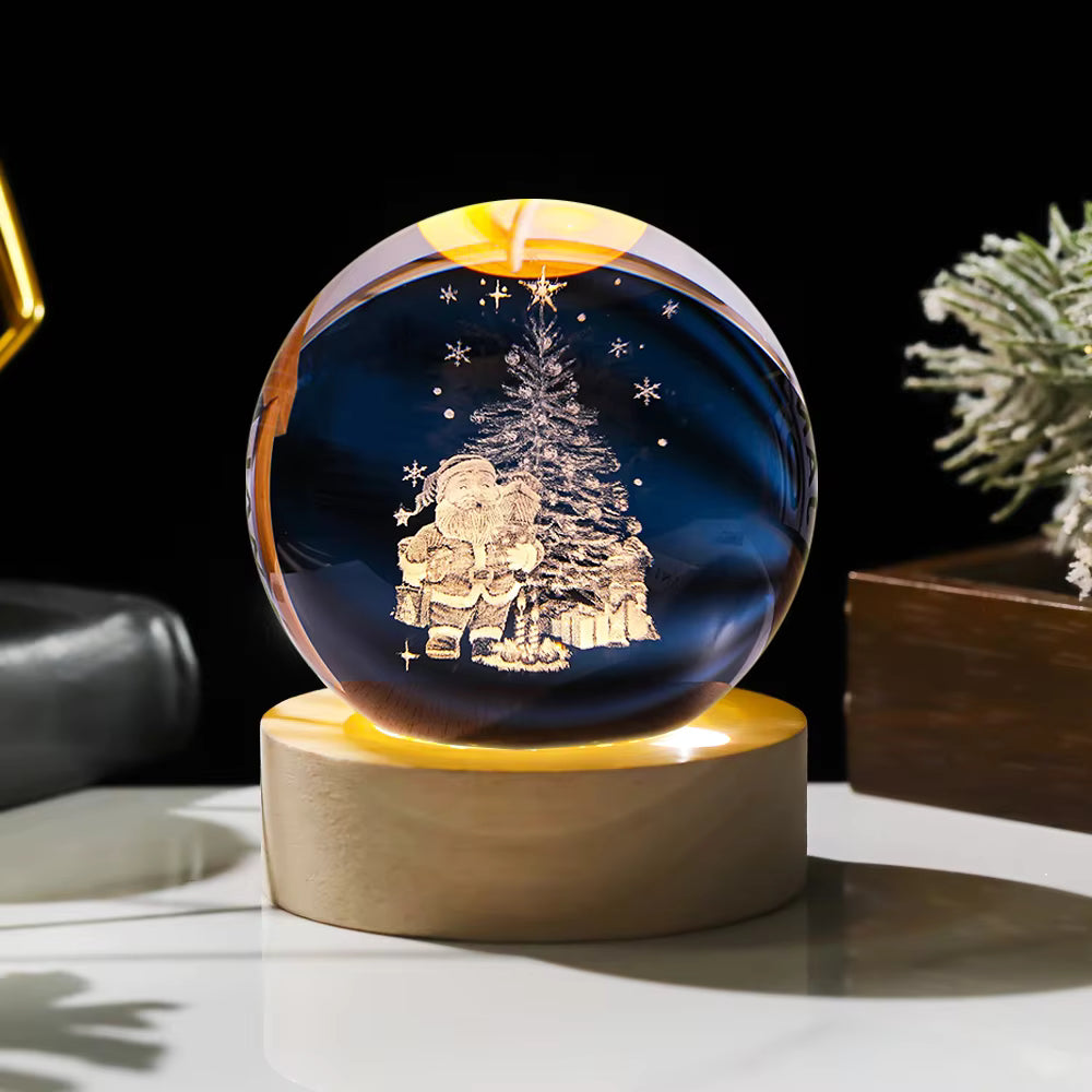 3D Santa & Christmas Tree Crystal Ball Night Light LED Lamp Globe Glass Ornament