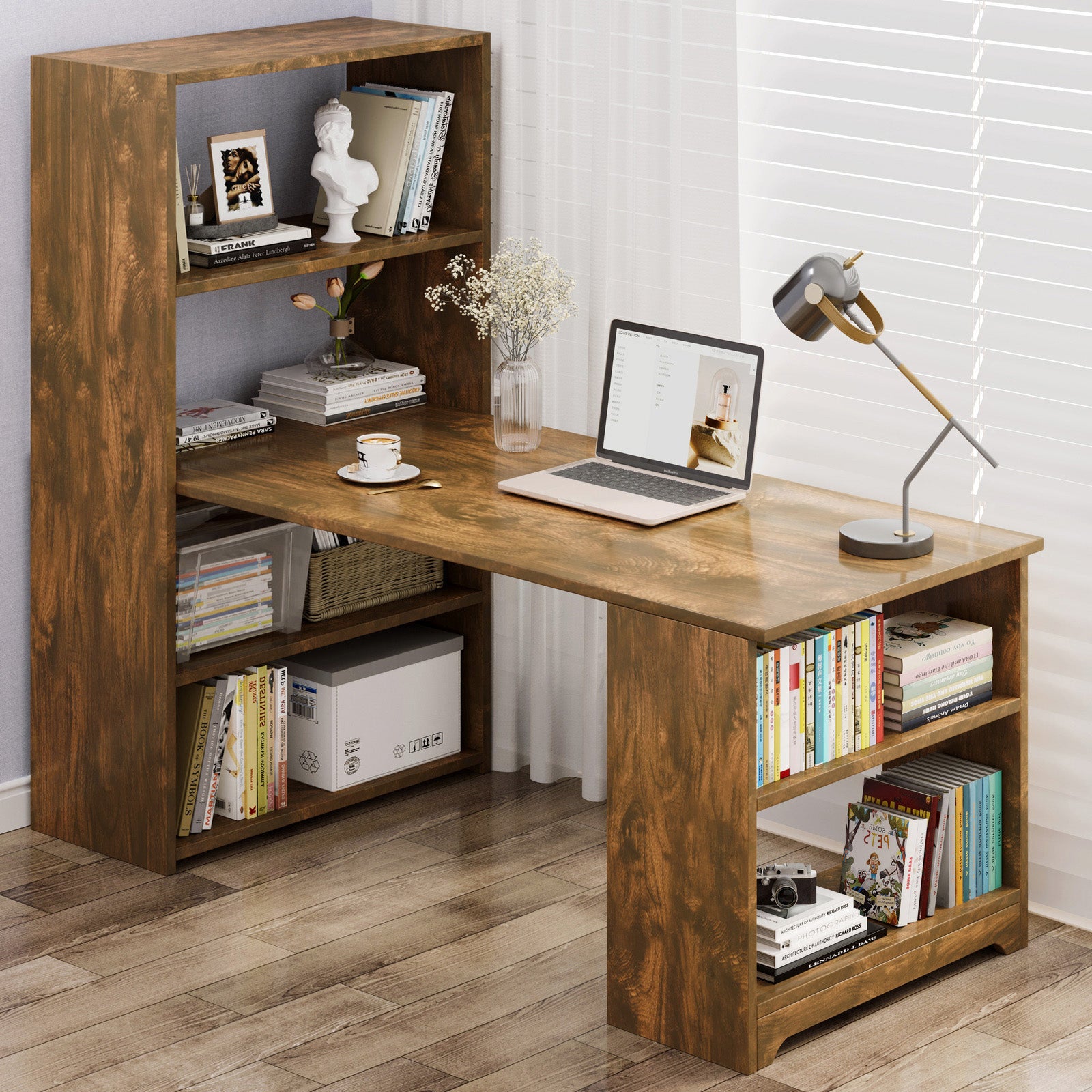 Varossa's Organizer Combination Workstation Computer Desk with 6 Storage Shelves (Rustic Wood)