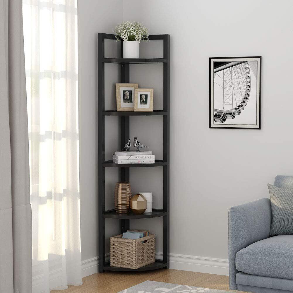 Optima 5 Tier Wood & Steel Corner Shelf Organizer Unit (Black)