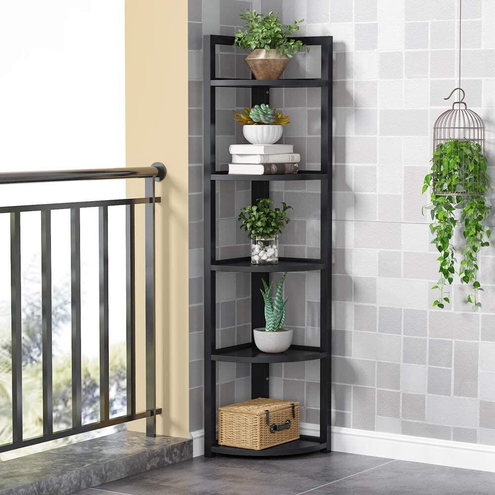 Optima 5 Tier Wood & Steel Corner Shelf Organizer Unit (Black)