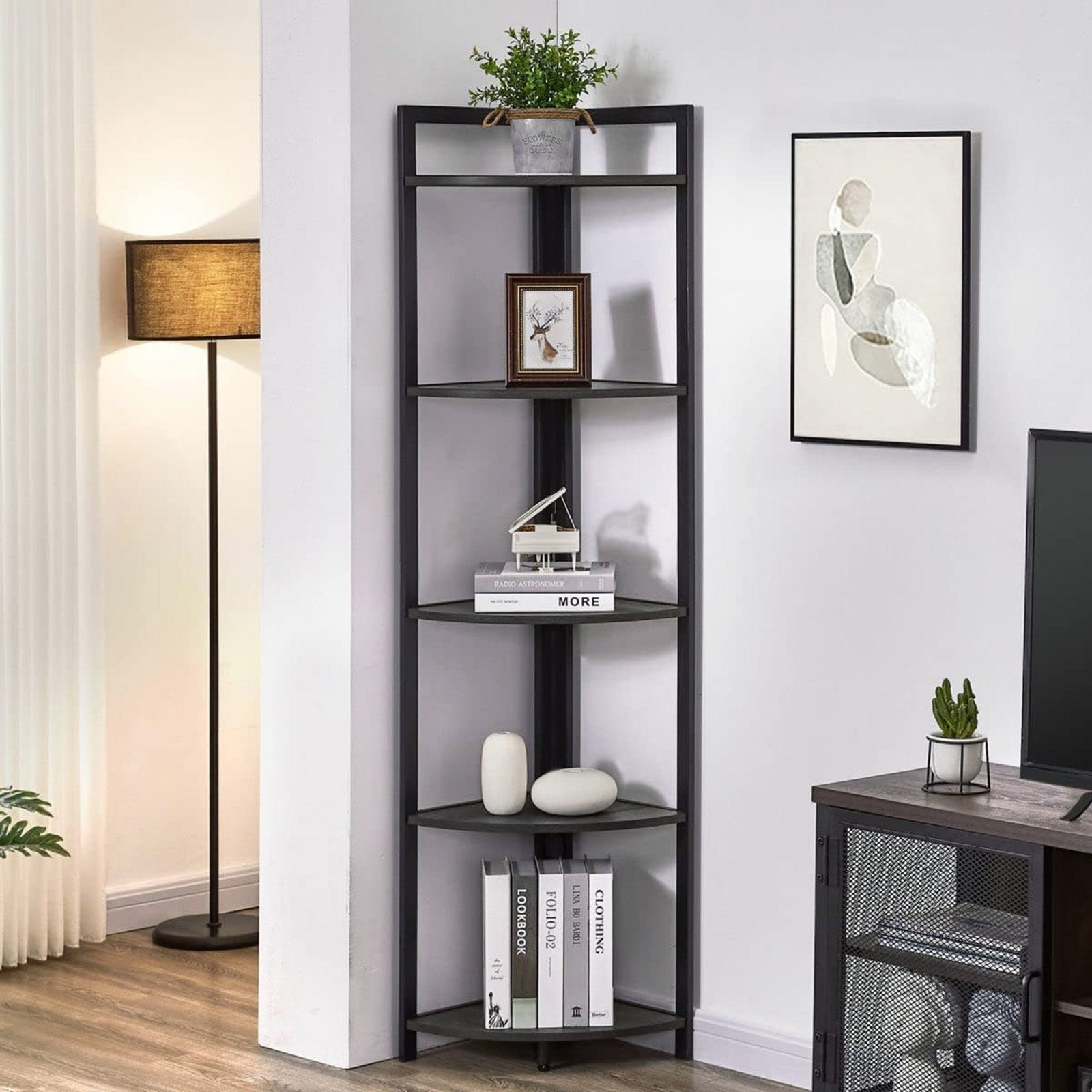 Optima 5 Tier Wood & Steel Corner Shelf Organizer Unit (Black)
