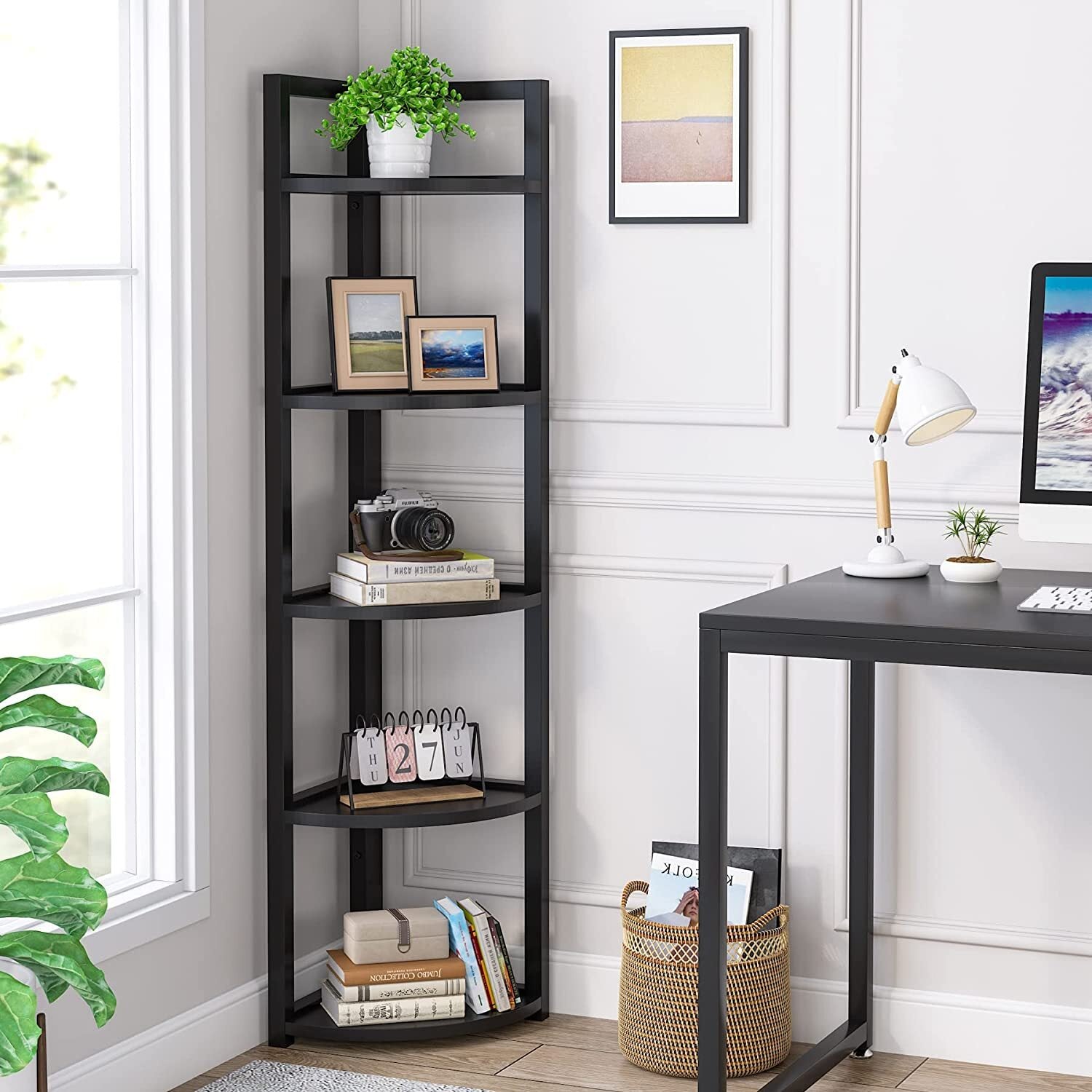 Optima 5 Tier Wood & Steel Corner Shelf Organizer Unit (Black)