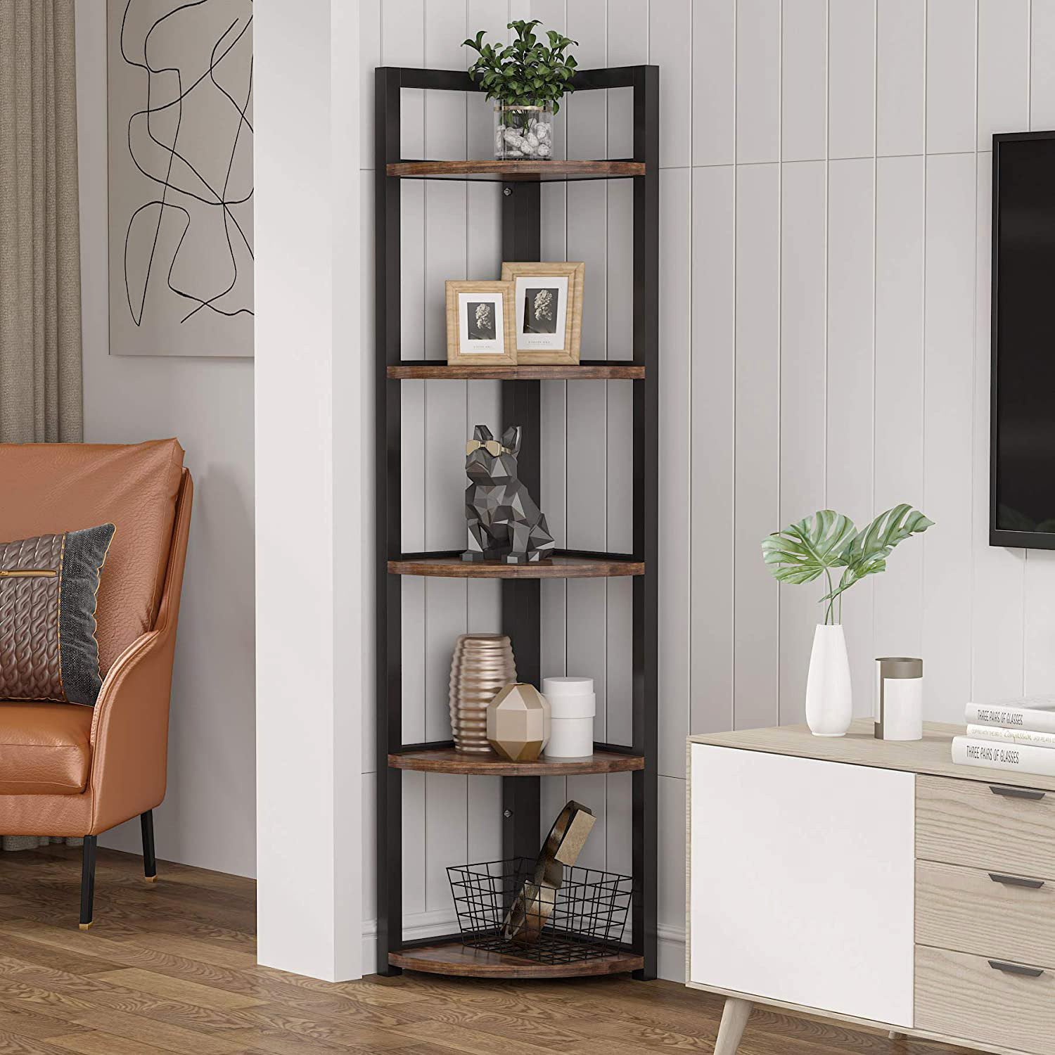 Optima  5 Tier Rustic Wood & Steel Corner Shelf Organizer Unit