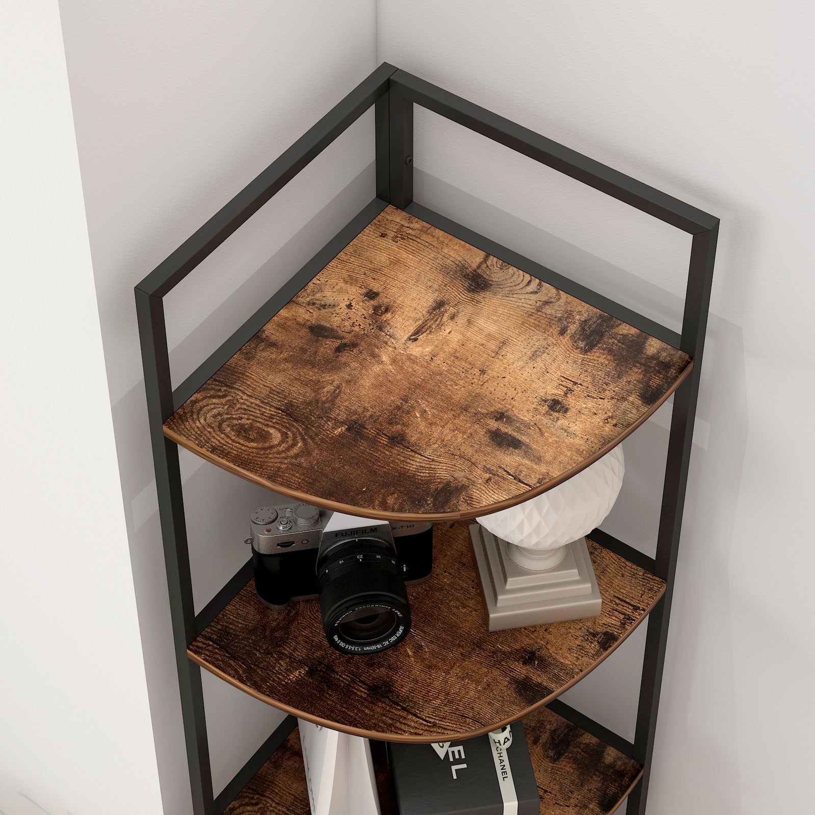Optima  5 Tier Rustic Wood & Steel Corner Shelf Organizer Unit