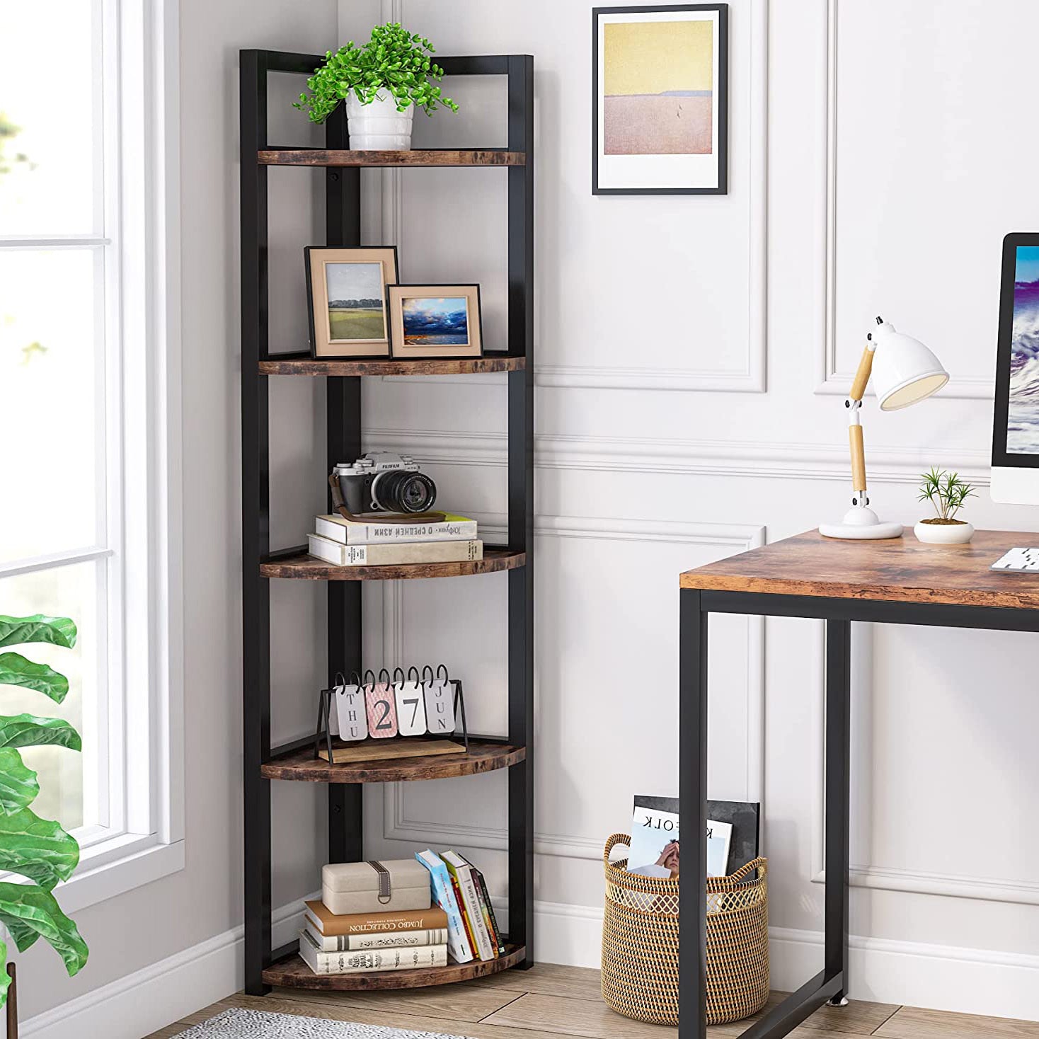 Optima  5 Tier Rustic Wood & Steel Corner Shelf Organizer Unit