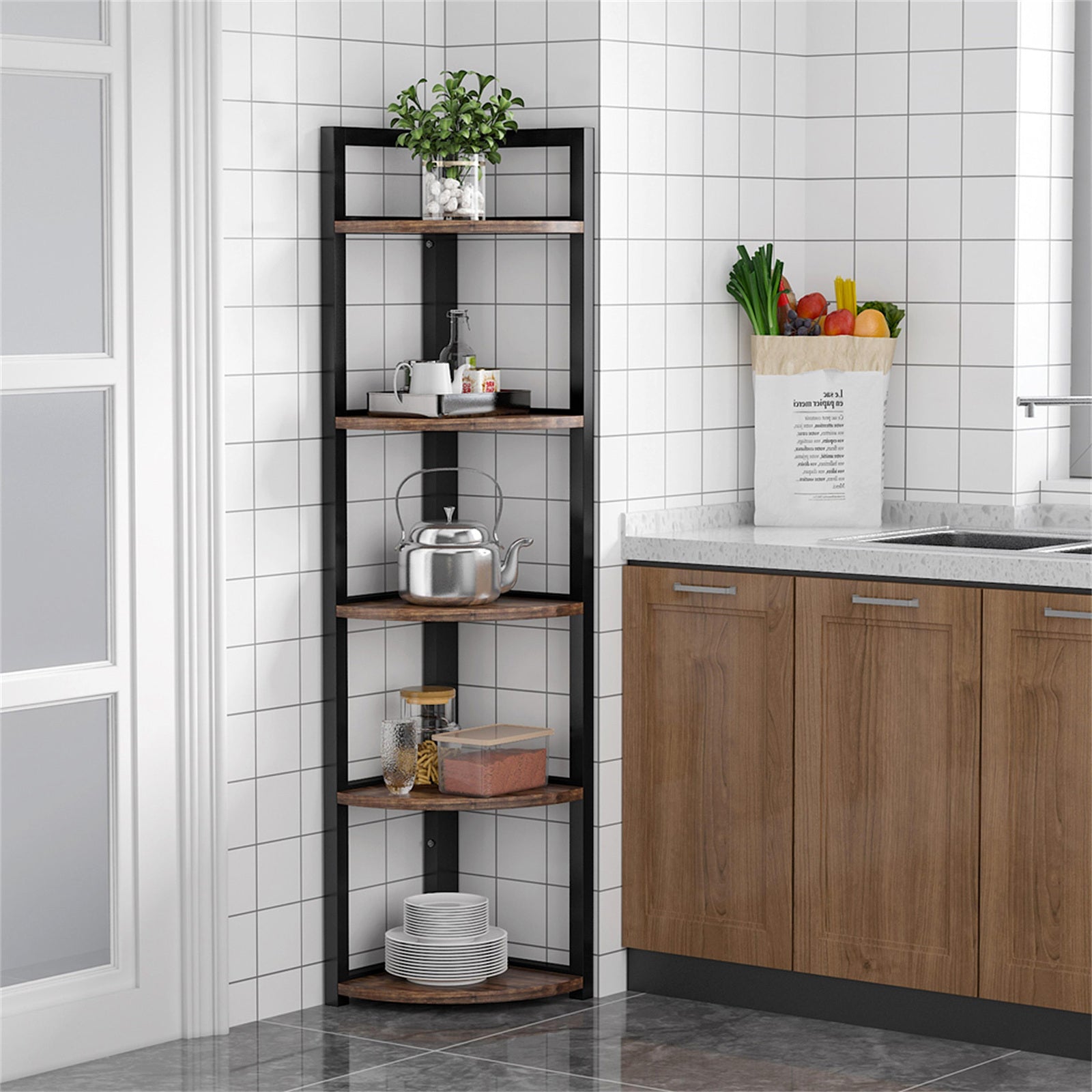 Optima  5 Tier Rustic Wood & Steel Corner Shelf Organizer Unit