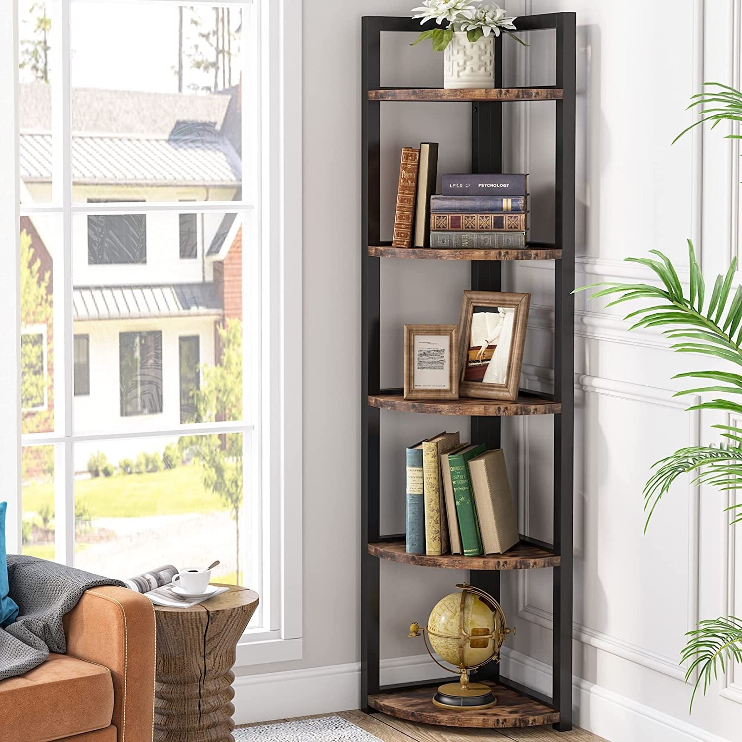 Optima  5 Tier Rustic Wood & Steel Corner Shelf Organizer Unit