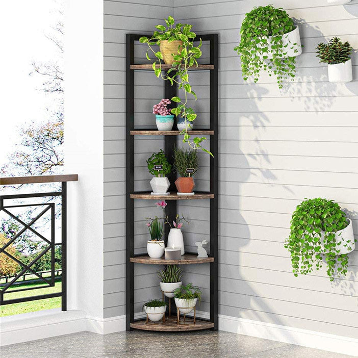 Optima  5 Tier Rustic Wood & Steel Corner Shelf Organizer Unit