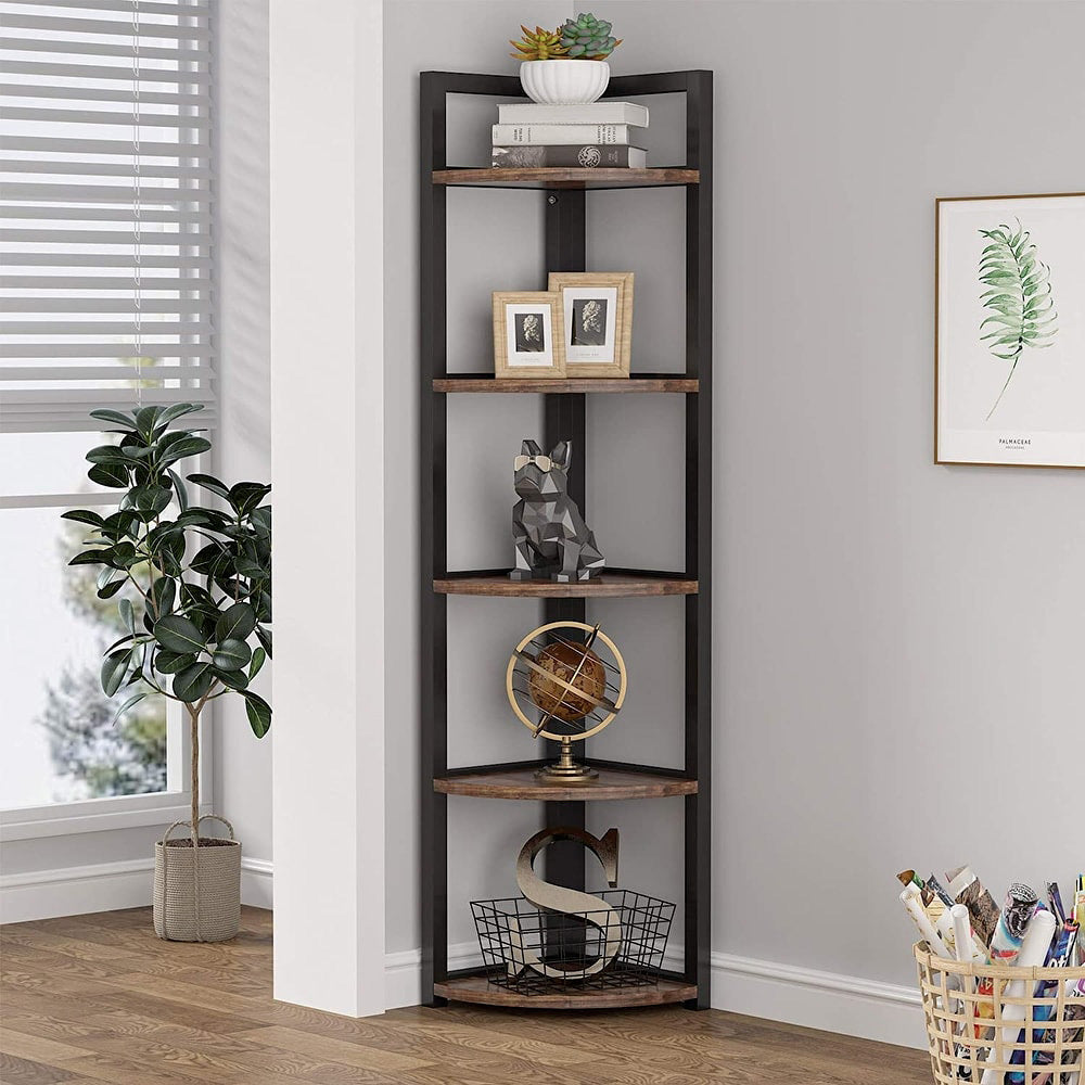 Optima  5 Tier Rustic Wood & Steel Corner Shelf Organizer Unit