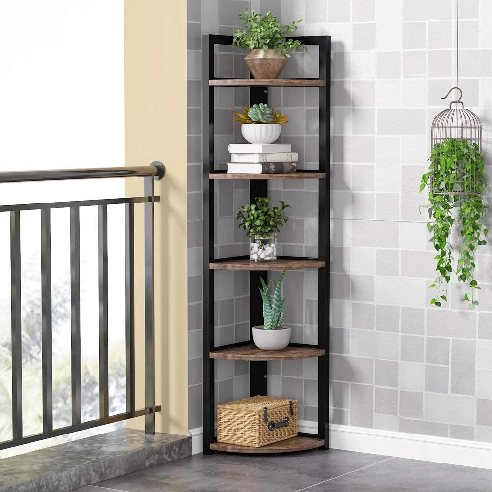 Optima  5 Tier Rustic Wood & Steel Corner Shelf Organizer Unit