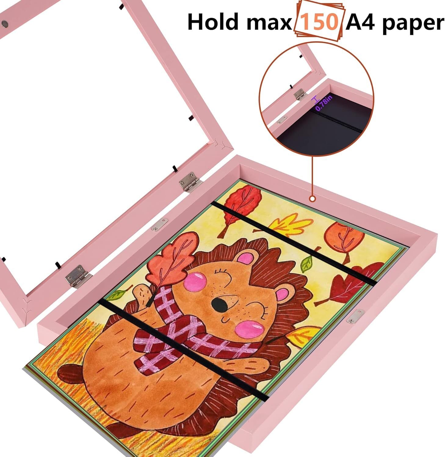 Kids Art Frame Wooden Artwork Display Children Drawing Storage Holds 150 Pictures (Pink)