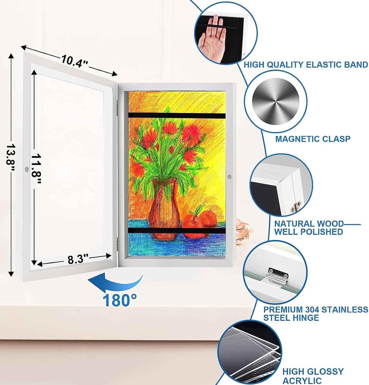 A3 Kids Art Frame Wooden Artwork Display Children Drawing Storage Holds 150 Pictures (White)