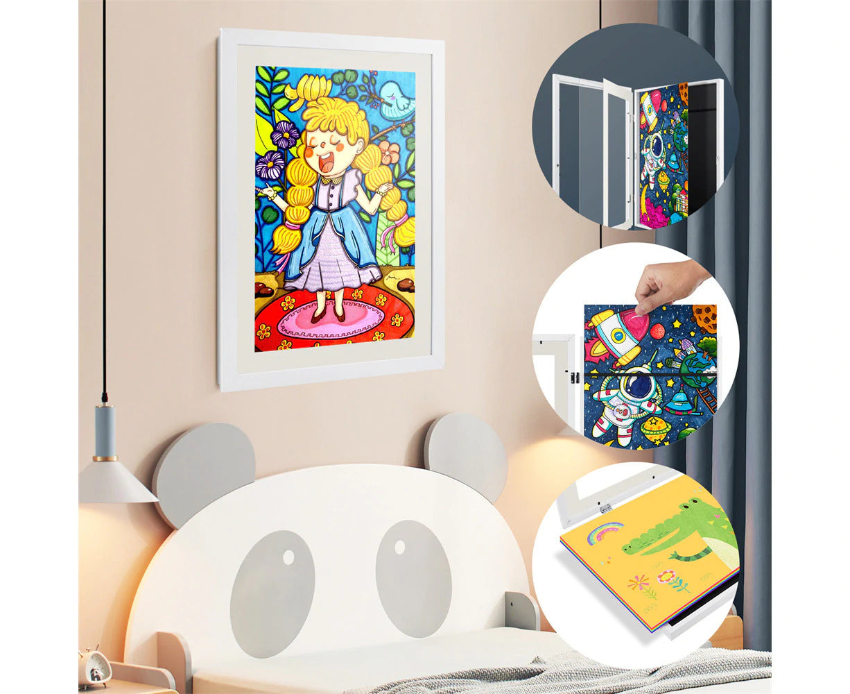 A3 Kids Art Frame Wooden Artwork Display Children Drawing Storage Holds 150 Pictures (White)