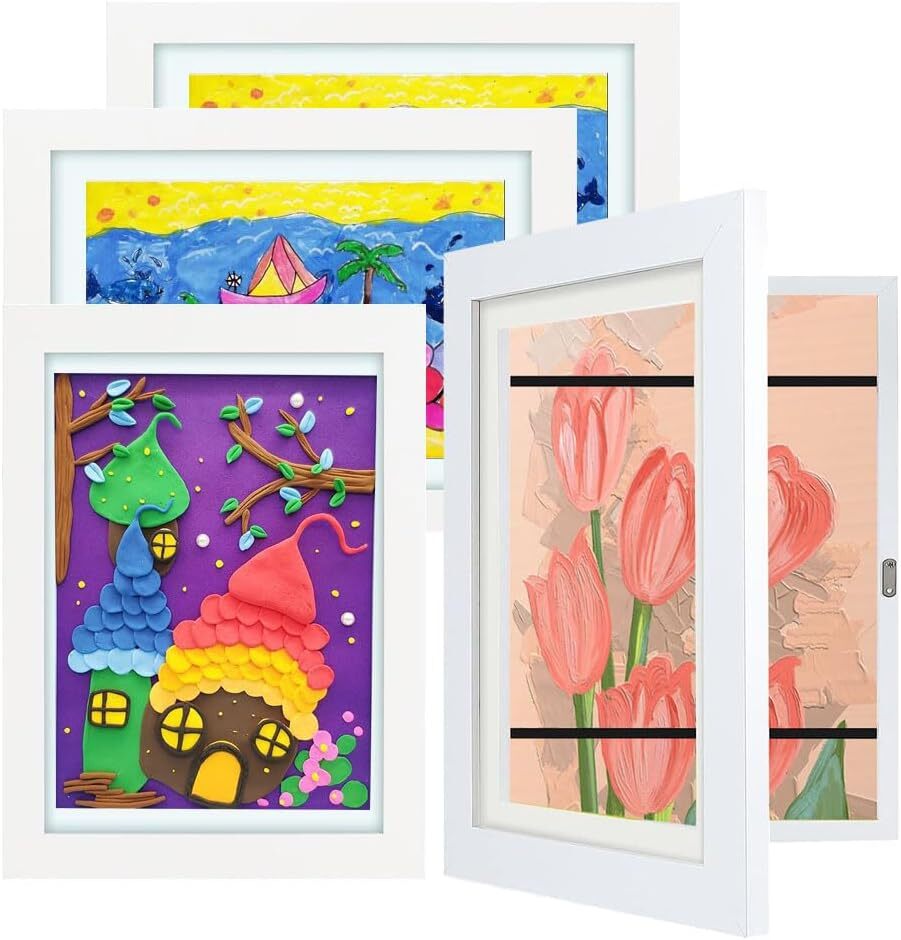 A3 Kids Art Frame Wooden Artwork Display Children Drawing Storage Holds 150 Pictures (White)