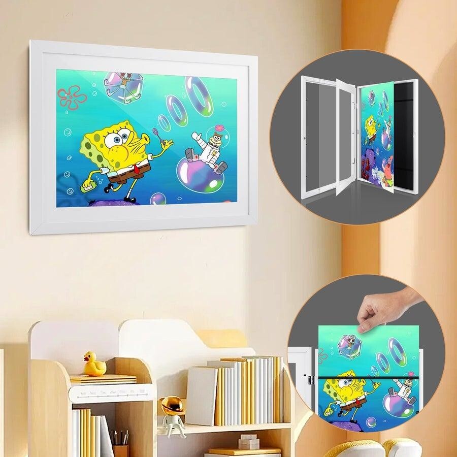 A3 Kids Art Frame Wooden Artwork Display Children Drawing Storage Holds 150 Pictures (White)