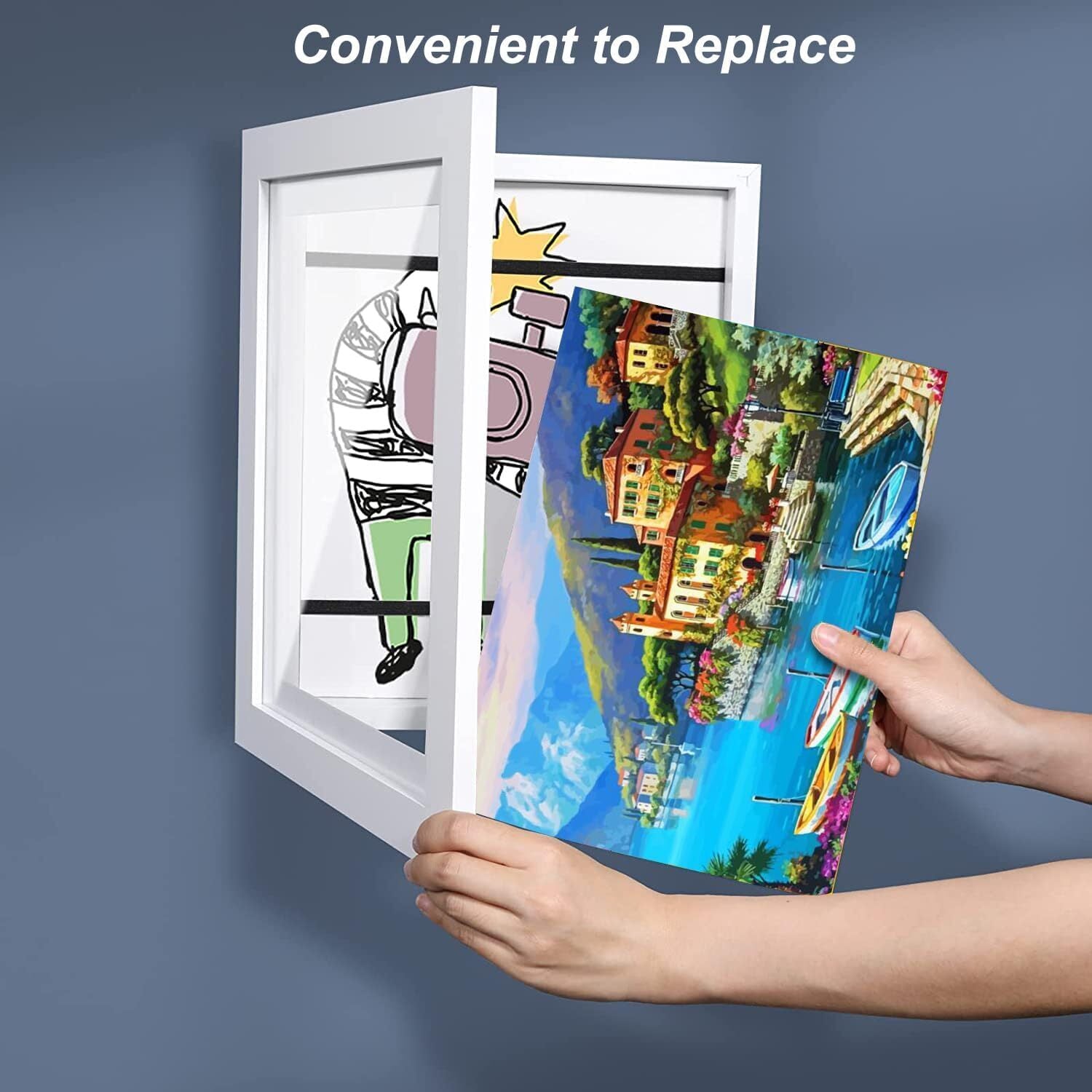 A3 Kids Art Frame Wooden Artwork Display Children Drawing Storage Holds 150 Pictures (White)