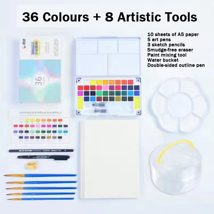 36 Watercolors Palette & 8 Paint Tools: All-in-One Painting & Drawing Supplies Kit