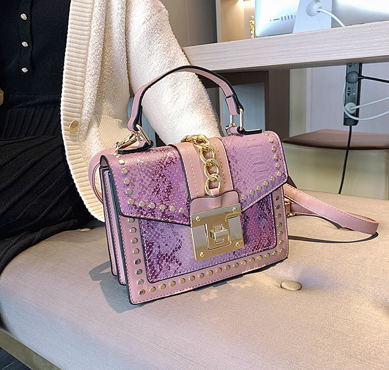 Luxe Designer Handbag Metal Studs Tote Satchel Bag Purple