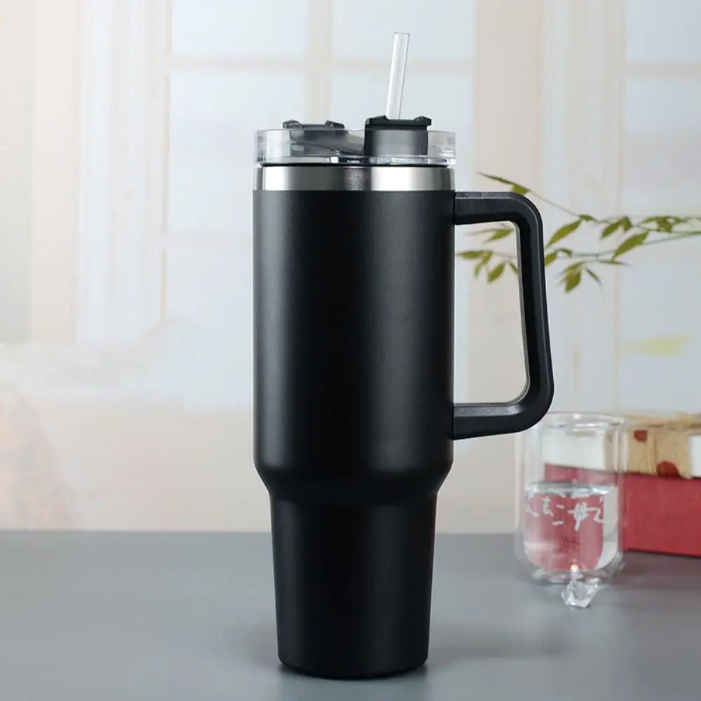 40oz Stainless Steel Insulated Tumbler with Handle Straw Travel Mug (Black)