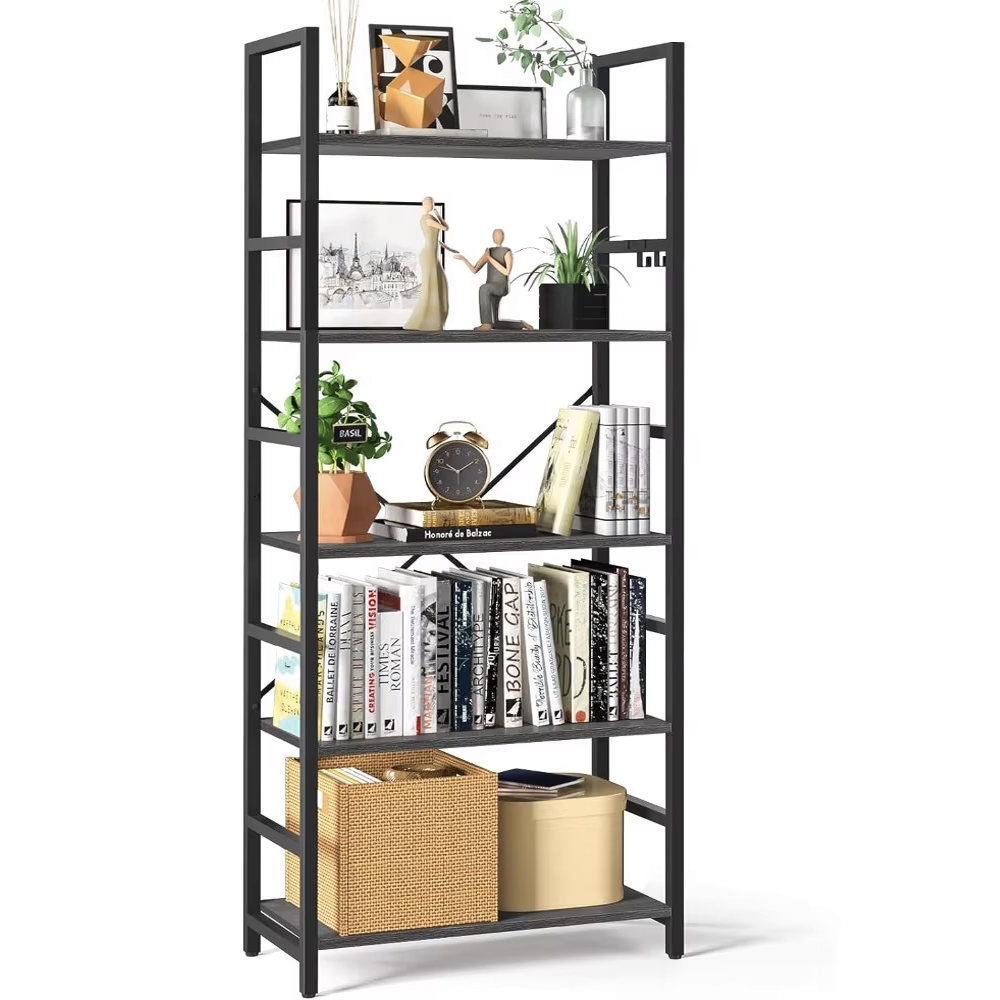 5 Tier Multifunction Heavy Duty Bookcase Wood & Steel Storage Shelf Organizer (Driftwood Grey)
