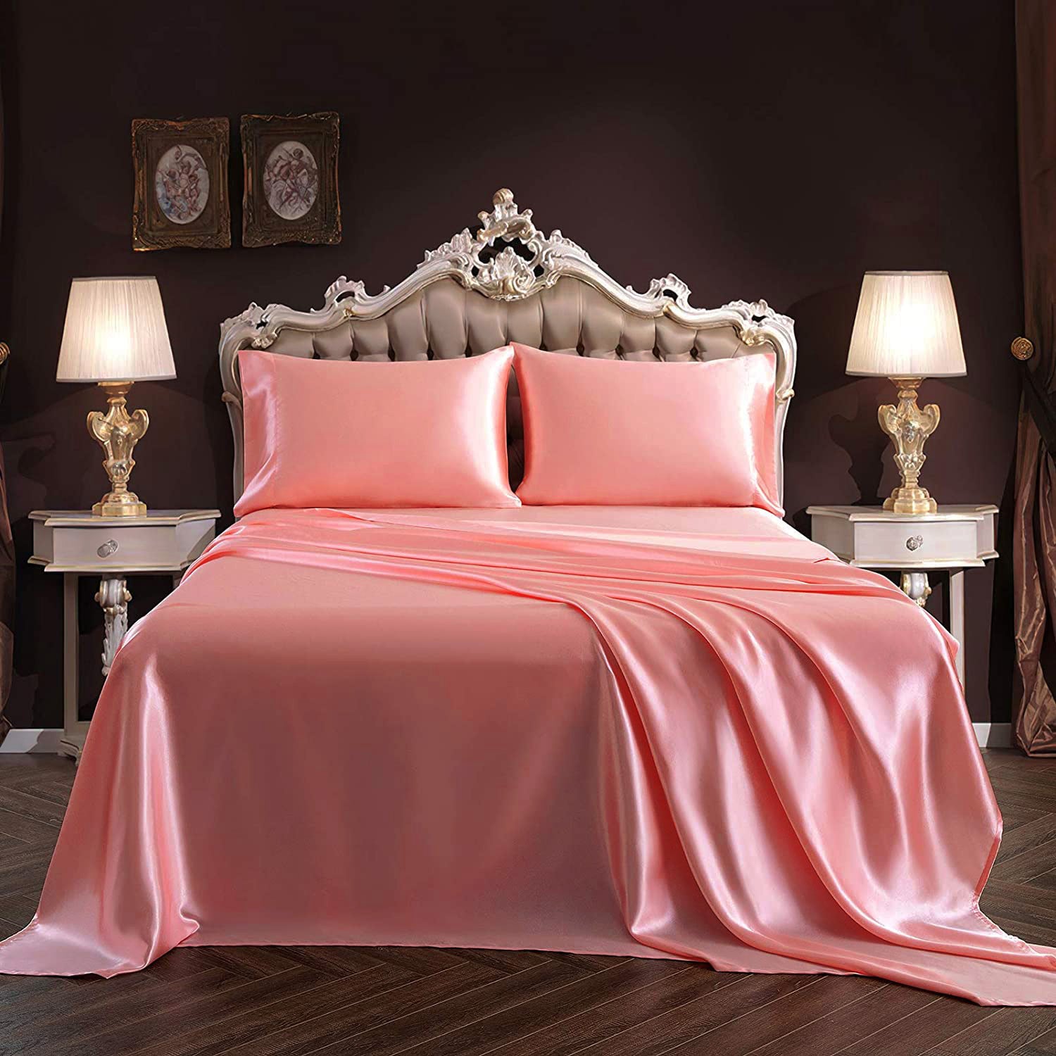 Luxury 4-Piece Silky Satin Flat Fitted Sheets Pillowcase Bed Set (Rose Gold, King)
