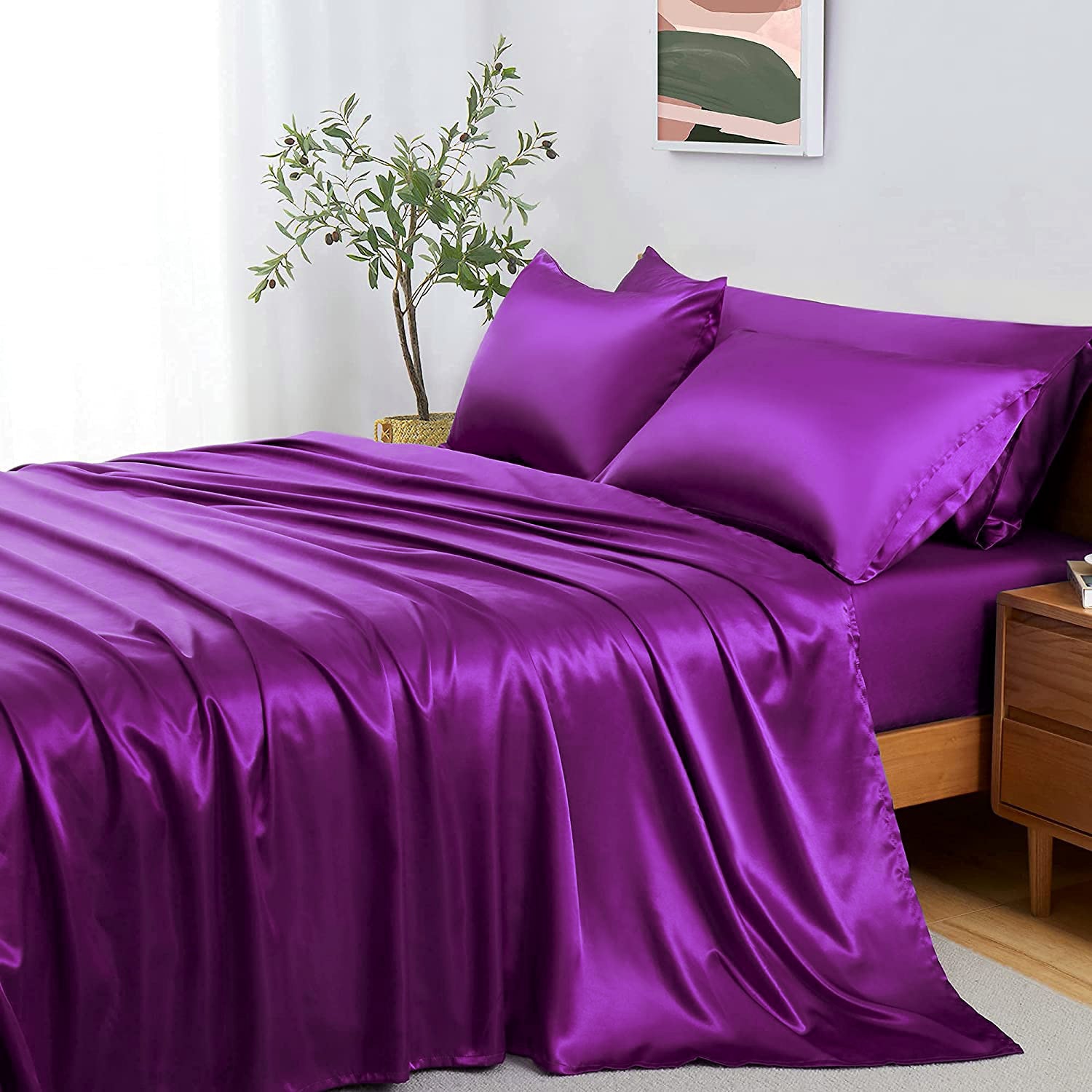 Luxury 4-Piece Silky Satin Flat Fitted Sheets Pillowcase Bed Set (Purple, Queen)