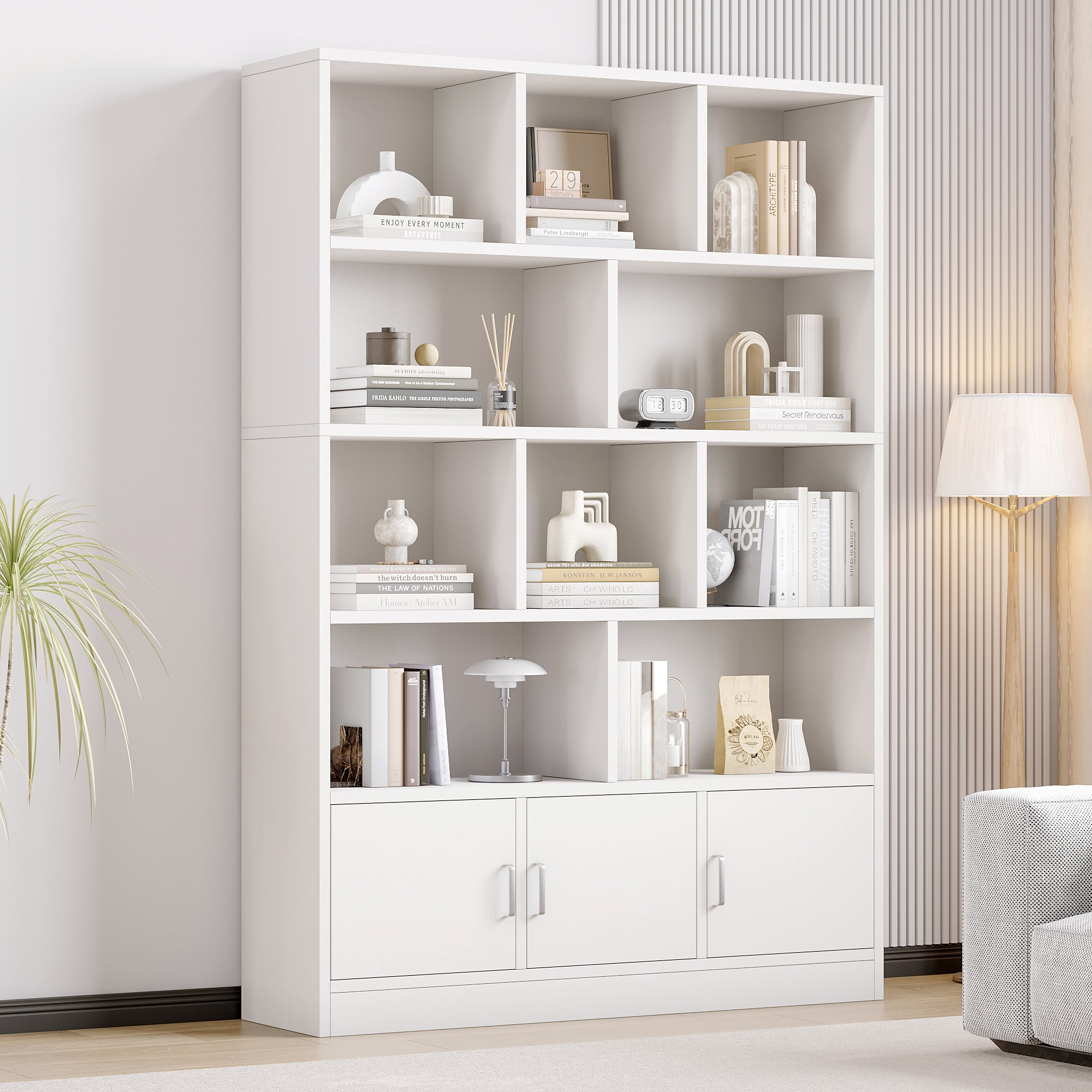 Alpha 10-Shelf 3-Door Wardrobe Cupboard Bookshelf Cabinet (White)