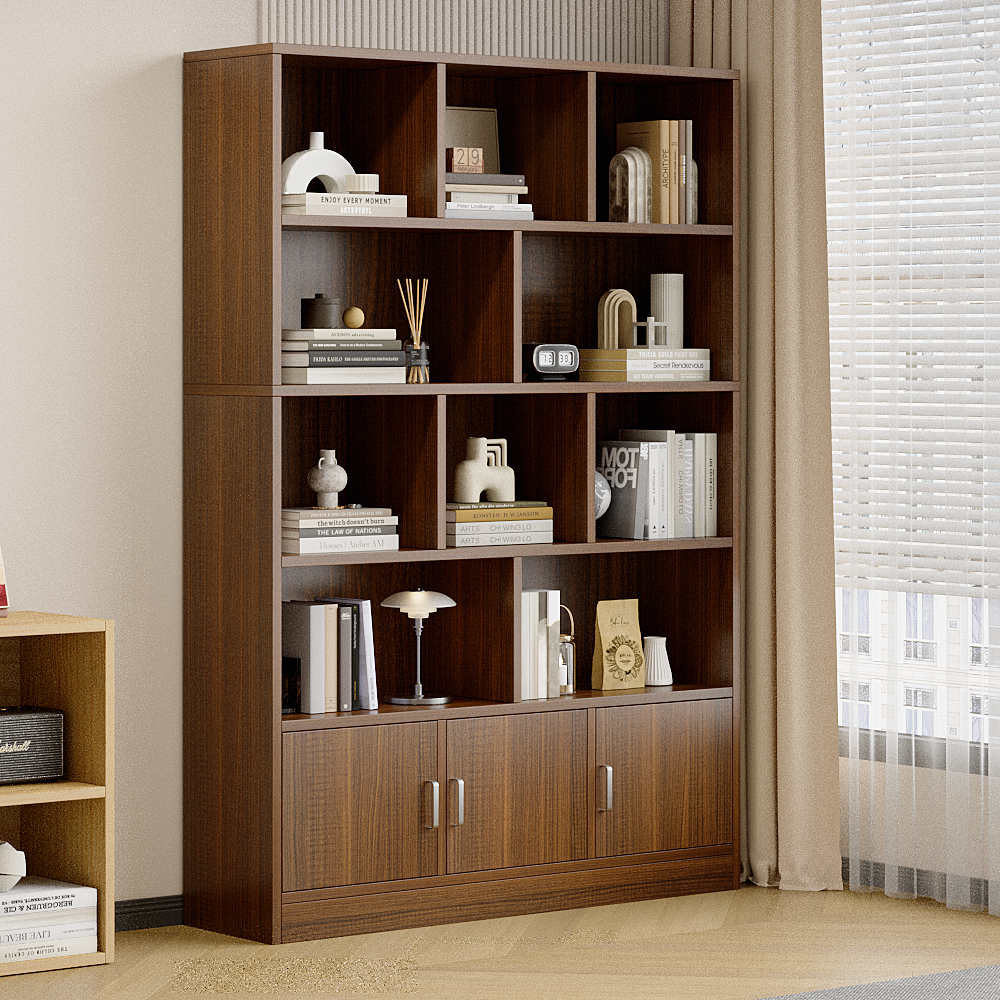 Alpha 10-Shelf 3-Door Wardrobe Cupboard Bookshelf Cabinet (Black Walnut)