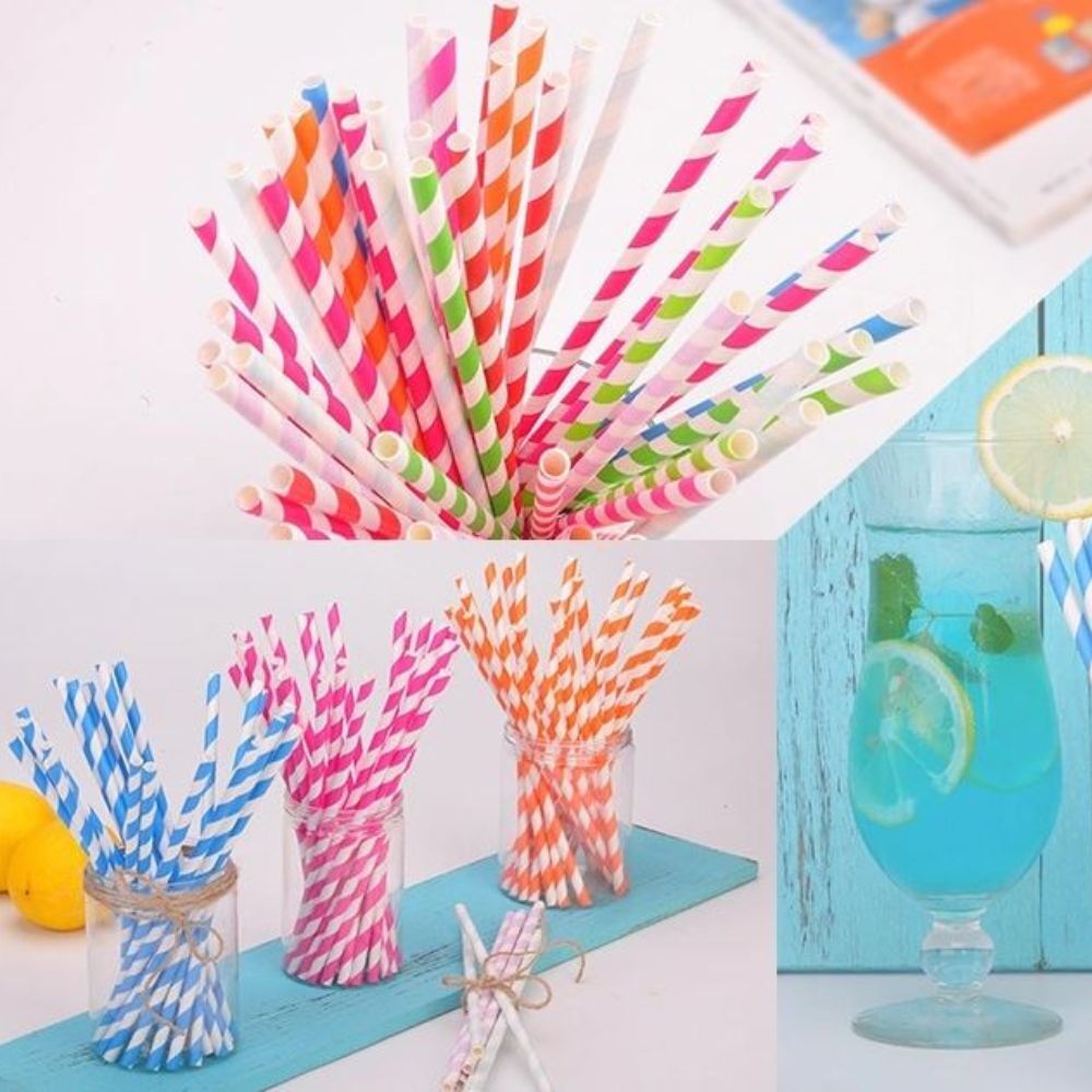 100 PCS Colourful Stripe Biodegradable Paper Drinking Straws