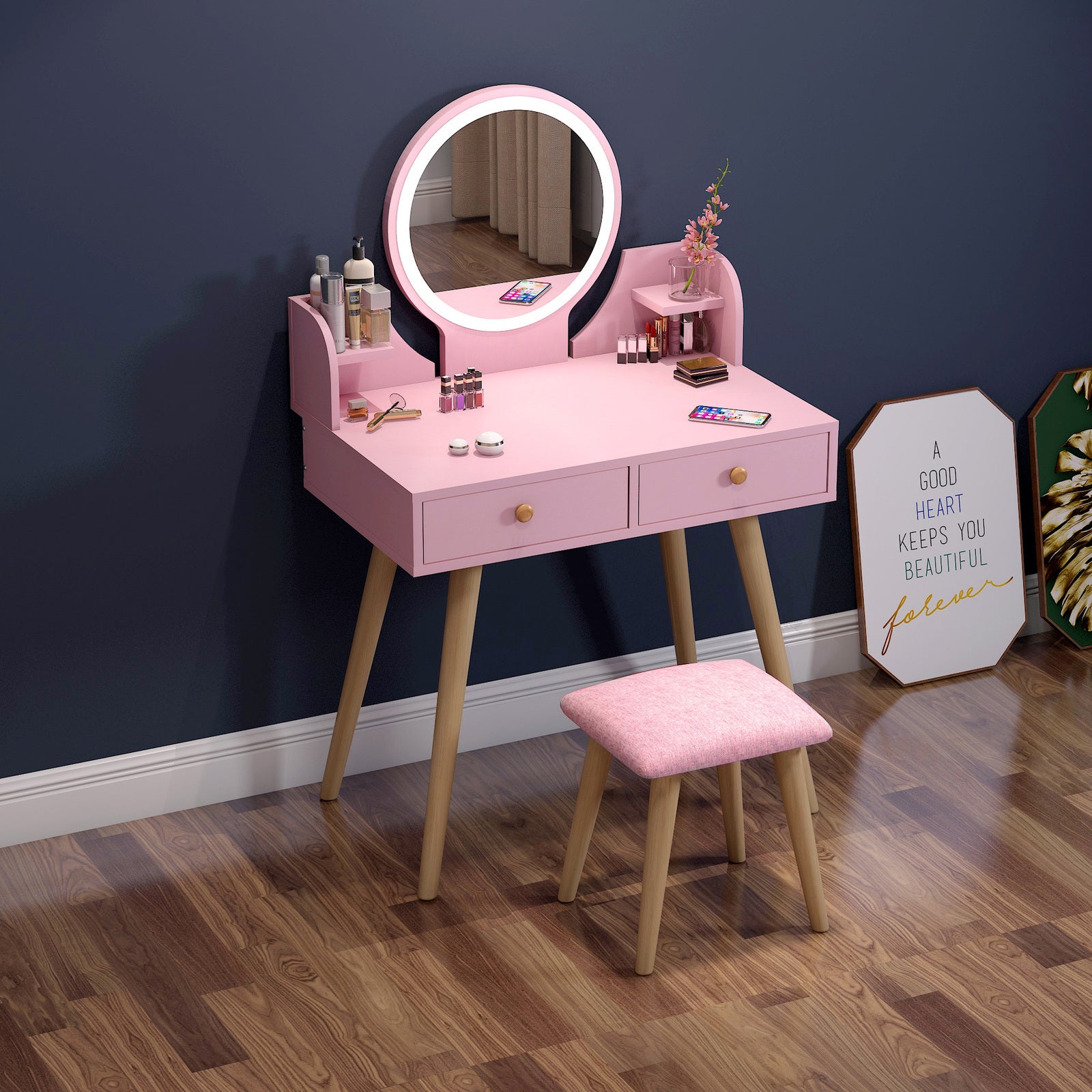LED Luminous Princess Dresser Vanity Table with Mirror, Stool and Storage Drawers Set (Pink)