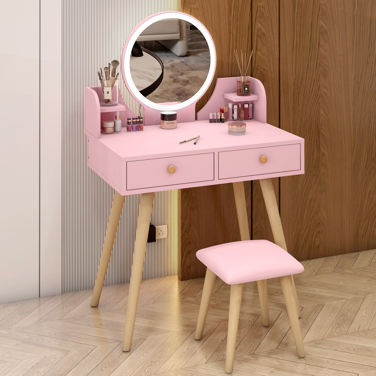 LED Luminous Princess Dresser Vanity Table with Mirror, Stool and Storage Drawers Set (Pink)