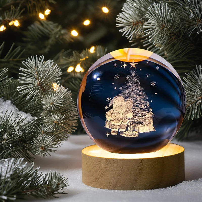 3D Santa & Christmas Tree Crystal Ball Night Light LED Lamp Globe Glass Ornament