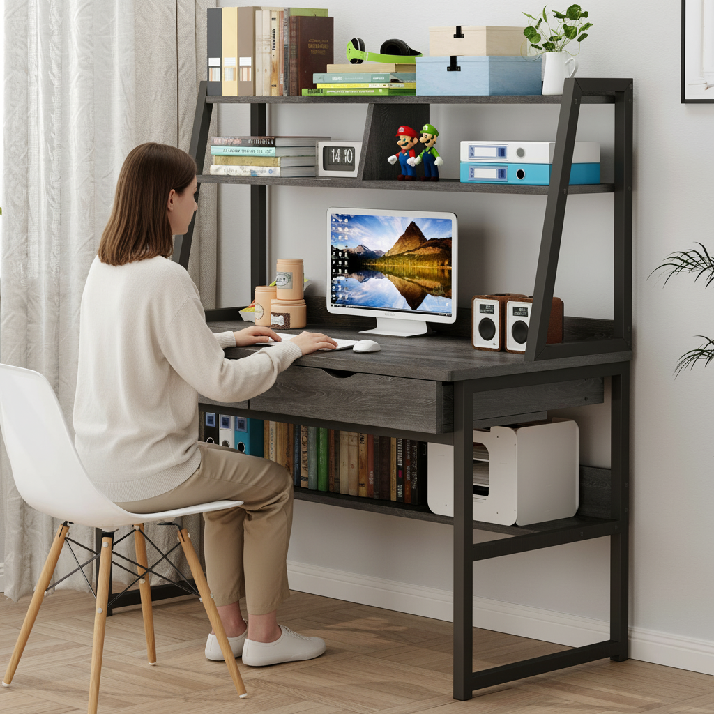 Enterprise Large Computer Desk Workstation with Shelves & Drawers (Driftwood Grey)