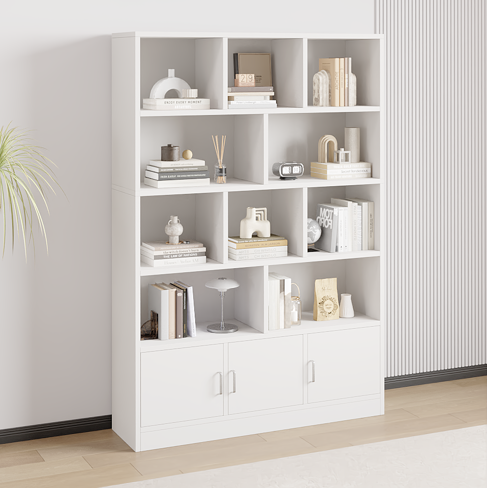 Alpha 10-Shelf 3-Door Wardrobe Cupboard Bookshelf Cabinet (White)